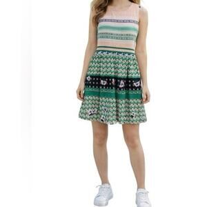 Esley Dress Size L Sleveless Pink Green Floral Round Neck Pleats Side Zip Junior